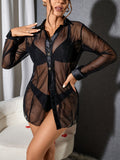 Shadow Mesh Button – sheer black mesh long-sleeve cover-up with velvet trim and button-down design, styled over black nightwear.