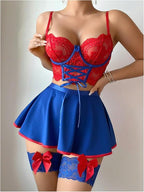 Seductive red and blue lace lingerie set with mini skirt